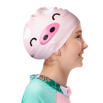 COPOZZ Kids Swim Caps, Silicone Waterproof Comfy Bathing Cap Swimming Hat for Long and Short Hair (Pink Pig-5-12yrs)