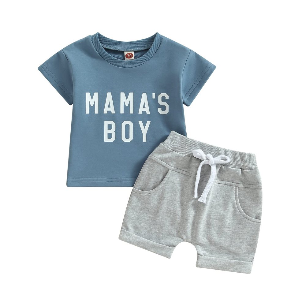 Toddler Baby Boy Summer Clothes Mamas Little Boy Short Sleeve T Shirt Tops Infant Rolled Drawstring Shorts Set (Mamas Boy Blue, 6-12 Months)