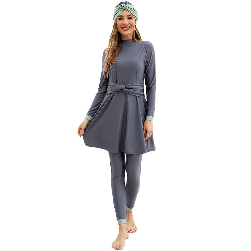 Muslim Swimsuits for Women Hijab Burkini Arabic Dress Long Sleeve Muslim Dress Top Pants Rash Guard 3 Pcs Islamic Hijab Bathing Suit Modest Swimsuits for Women Top and Bottoms Swimwear Grey L