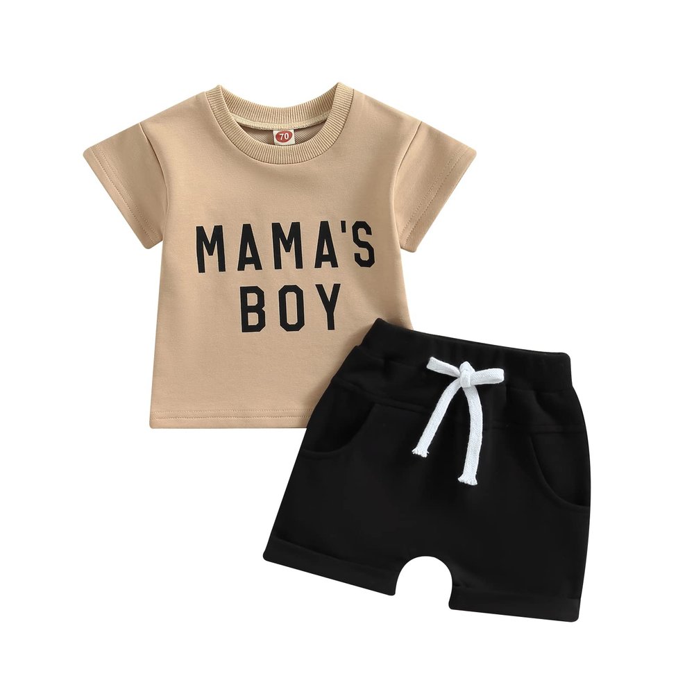 Sejardin Toddler Baby Boy Summer Clothes Mamas Little Boy Short Sleeve T Shirt Tops Infant Rolled Drawstring Shorts Set (Mamas Boy Apricot, 12-18 Months)