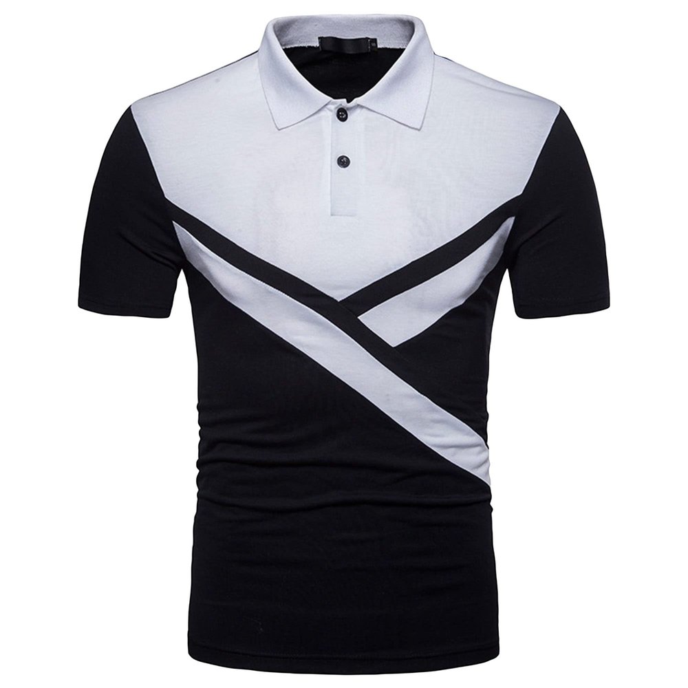 Man's Casual Classic Fit Golf Shirt Lightweight Moisture Wicking Polo Tee Color Block Collared Short Sleeve (Black,US Size L Asia XL)