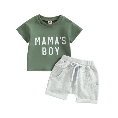 Sejardin Toddler Baby Boy Summer Clothes Mamas Little Boy Short Sleeve T Shirt Tops Infant Rolled Drawstring Shorts Set (Mamas Boy Green, 12-18 Months)