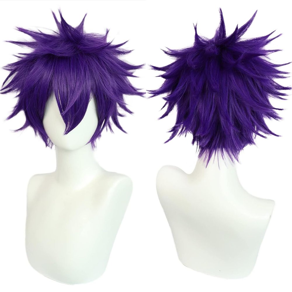 ANOGOL Hair Cap+ Short Purple Wig Men Dark Purple Male Wig Pelucas para Hombres Synthetic Heat Resistant for Halloween Christmas Event Costume Party