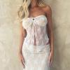 Vintage Lace Maxi Skirt Set Women 2 Piece Outfit Strapless Split Tube Top and Maxi Skirt Set Summer Going Out Streetwear (A White, L) view 4