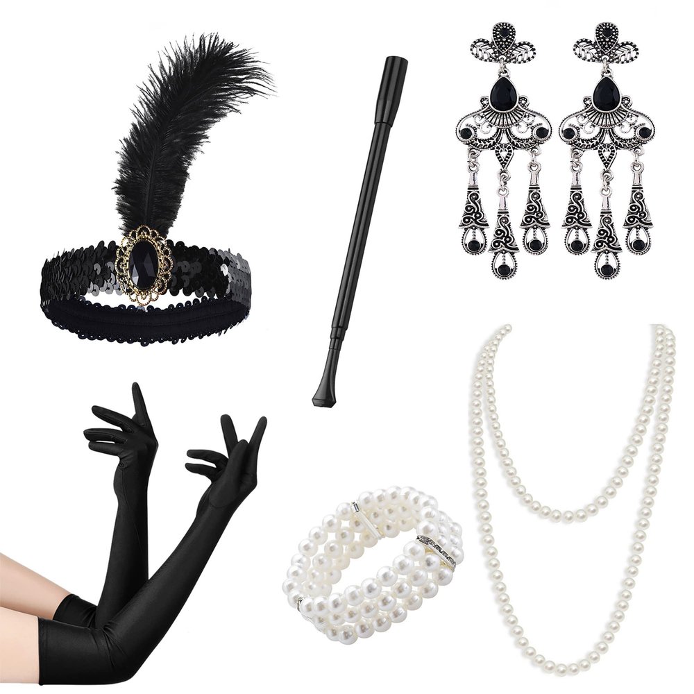 1920s Flapper Accessories Set for Women,Great Gatsby Accessories 20's Flapper Theme Set Headband Gloves Necklace