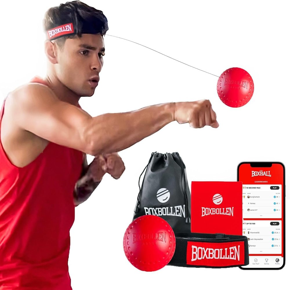 Boxbollen Boxing Reflex Ball - Celebrity-Endorsed Home Workout Game - App-Connected Punch Counter - Hand Eye Coordination Training Ball - Christmas Gift for Boxers, All Ages - Stocking Stuffer - Red
