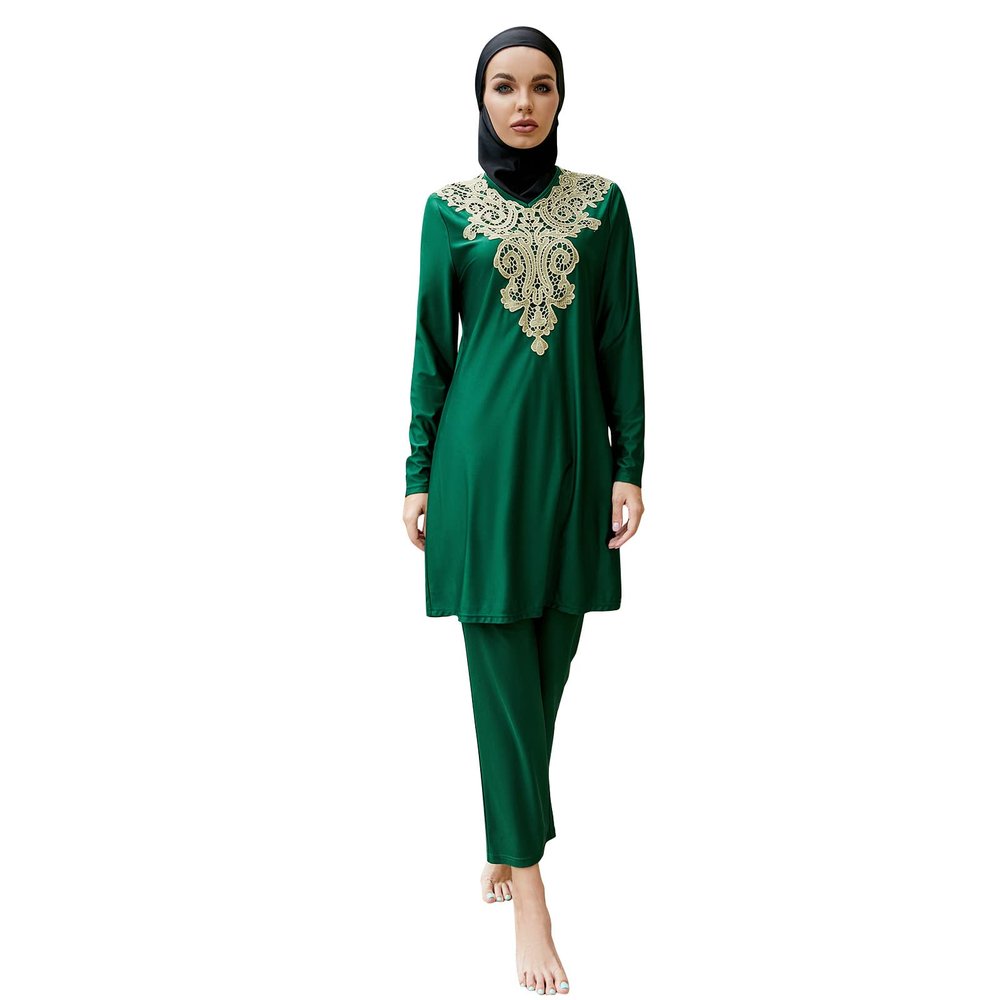 Womens' Swimsuit 3 Pieces Full Cover Hijab Burkini Muslim Swimwear Top Dress + Pants Modest Islamic Arabic Traje De Bao Musulmn para Mujer Burkini Swimsuits Green L