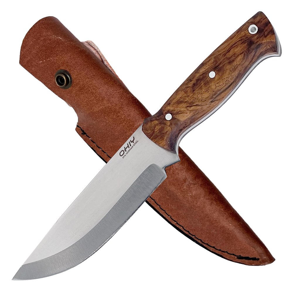 OHIY Handmade Bushcraft Knife with 5" Stainless 4116 German Steel Blade, Genuine Leather Sheath, Full Tang Walnut Handle
