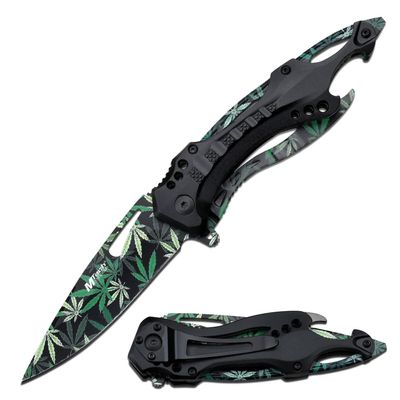 MTECH USA Folding Knife, 3.75-Inch Half-Serrated Blade, Titanium Coating, Glass Breaker, Pocket Clip (Leaf)