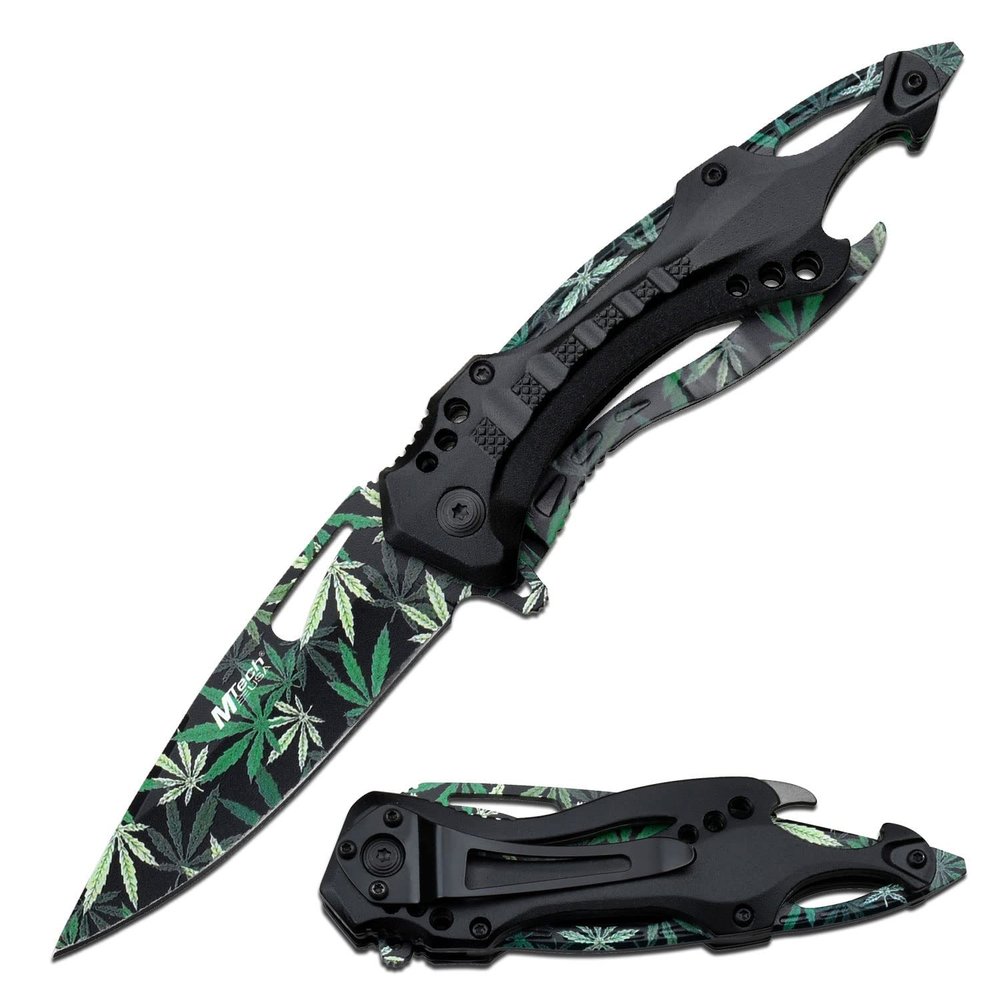 MTECH USA Folding Knife, 3.75-Inch Half-Serrated Blade, Titanium Coating, Glass Breaker, Pocket Clip (Leaf)