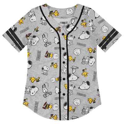 Peanuts Ladies Snoopy Baseball Jersey Snoopy Charlie Brown, Woodstock, Linus Mesh Button Down Baseball Jersey (Grey Black, Small)