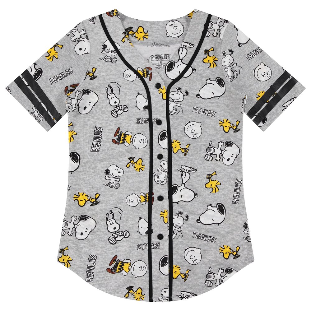 Peanuts Ladies Snoopy Baseball Jersey Snoopy Charlie Brown, Woodstock, Linus Mesh Button Down Baseball Jersey (Grey Black, Small)