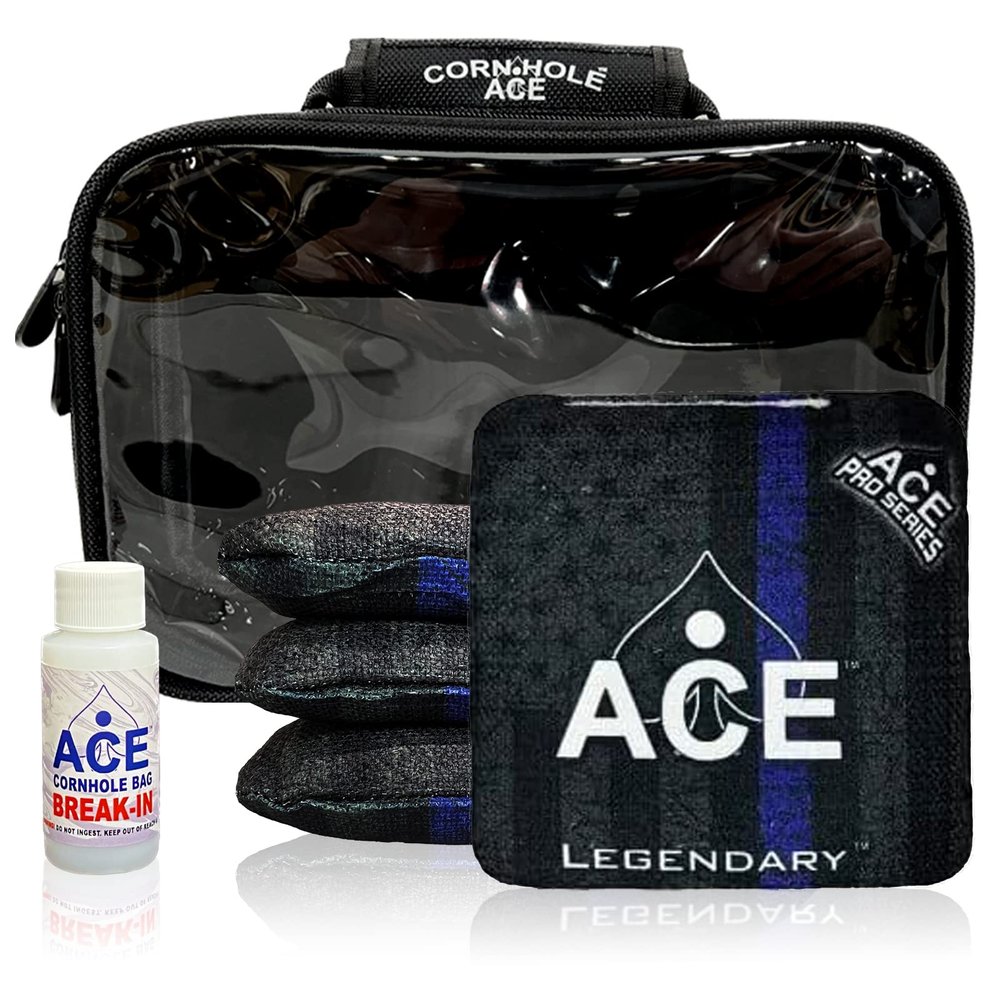 CornholeAce Legendary - Police Flag - ACE Pro Bag Kit: 4 Bags + Break-in Kit + Carry Case - Professional Cornhole Bags Dual Sided Slick Stick