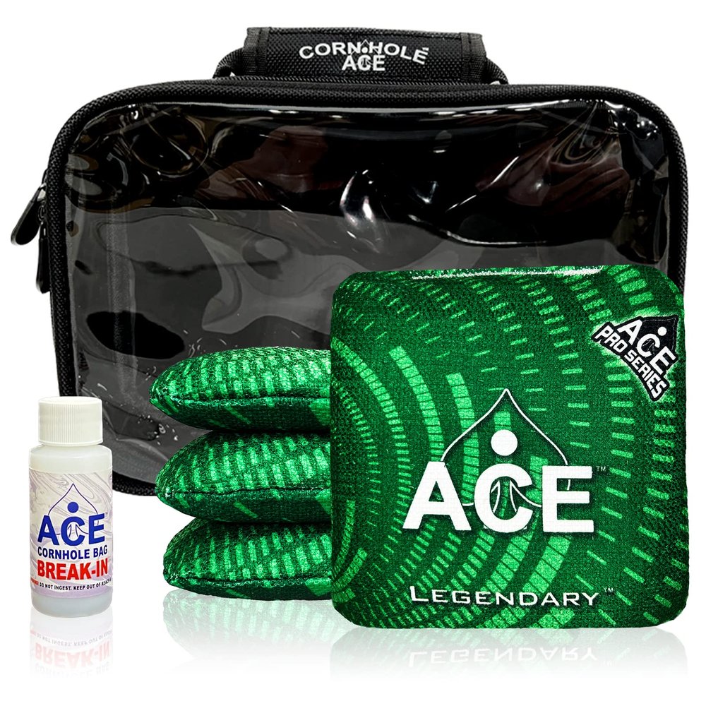 CornholeAce Legendary - Green - ACE Pro Bag Kit: 4 Bags + Break-in Kit + Carry Case - Professional Cornhole Bags Dual Sided Slick Stick