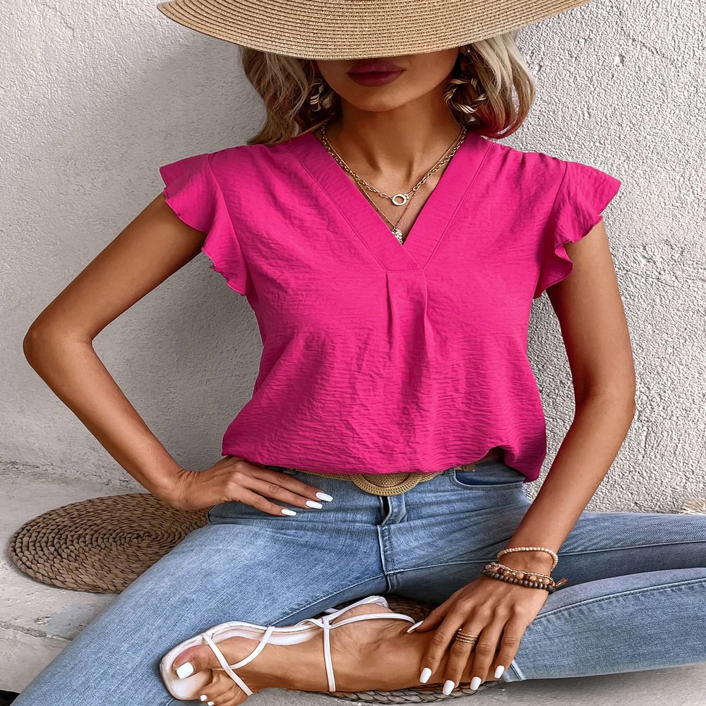 AIEBO Women's Shirts Women's Tops Shirts for Women Solid Ruffle Trim Blouse (Color : Hot Pink, Size : Small)