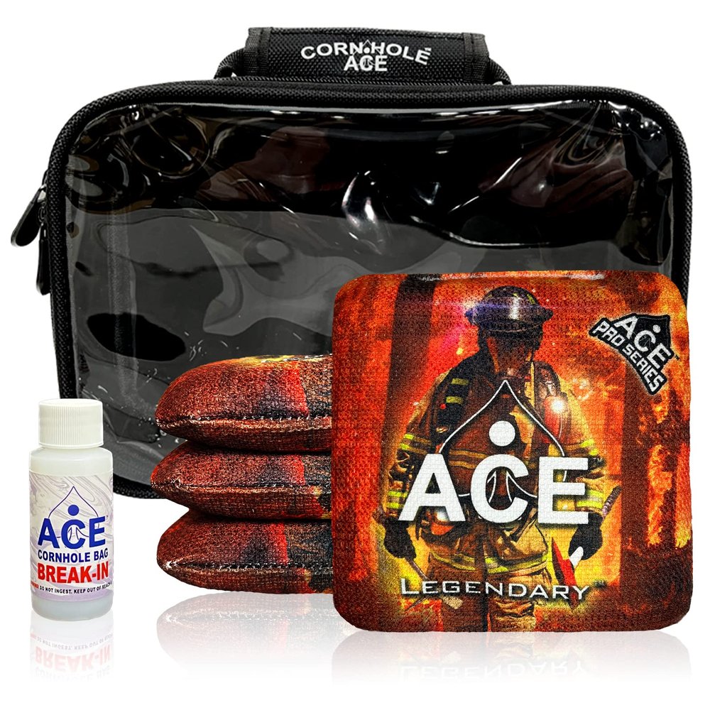 CornholeAce Legendary - Firefighter - ACE Pro Bag Kit: 4 Bags + Break-in Kit + Carry Case - Professional Cornhole Bags Dual Sided Slick Stick