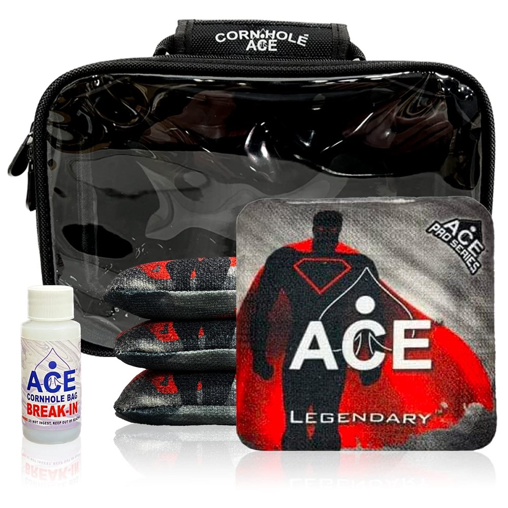 CornholeAce Legendary - Super Hero - ACE Pro Bag Kit: 4 Bags + Break-in Kit + Carry Case - Professional Cornhole Bags Dual Sided Slick Stick