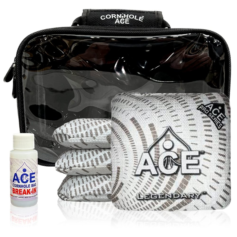 CornholeAce Legendary - White - ACE Pro Bag Kit: 4 Bags + Break-in Kit + Carry Case - Professional Cornhole Bags Dual Sided Slick Stick