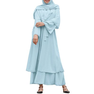 Abayas Muslim Dress for Women Long Sleeve Islamic Abaya Dubai Kaftan Dresses Middle East Prayer Dress Open Front Maxi Cardigan Dress Modest Abaya Robe Gown Prayer Clothes for Muslim Women Blue L