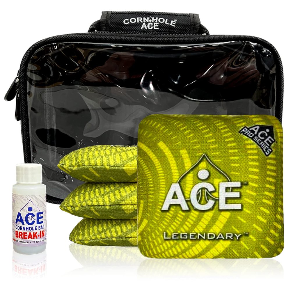 CornholeAce Legendary - Yellow - ACE Pro Bag Kit: 4 Bags + Break-in Kit + Carry Case - Professional Cornhole Bags Dual Sided Slick Stick