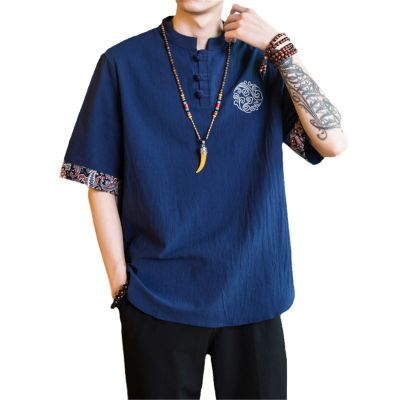 Chinese Style Men Suit Shirt Stand Collar Short Sleeve Solid Color Summer Tops Kung Fu Uniform Plus Size s7 S