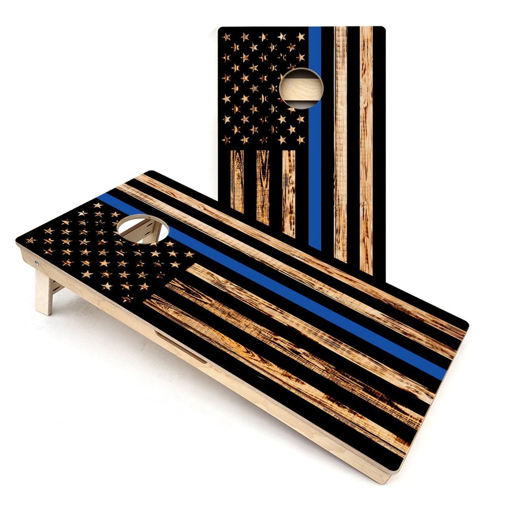 Skip's Garage Thin Blue Line American Flag Cornhole Boards - Includes (2) Boards (NO Bags) + (1) Case & (2) Hole Lights