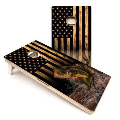 Skip's Garage American Flag Hidden Deer & Fish Cornhole Boards - Includes (2) Boards (NO Bags) + (1) Case & (2) Hole Lights