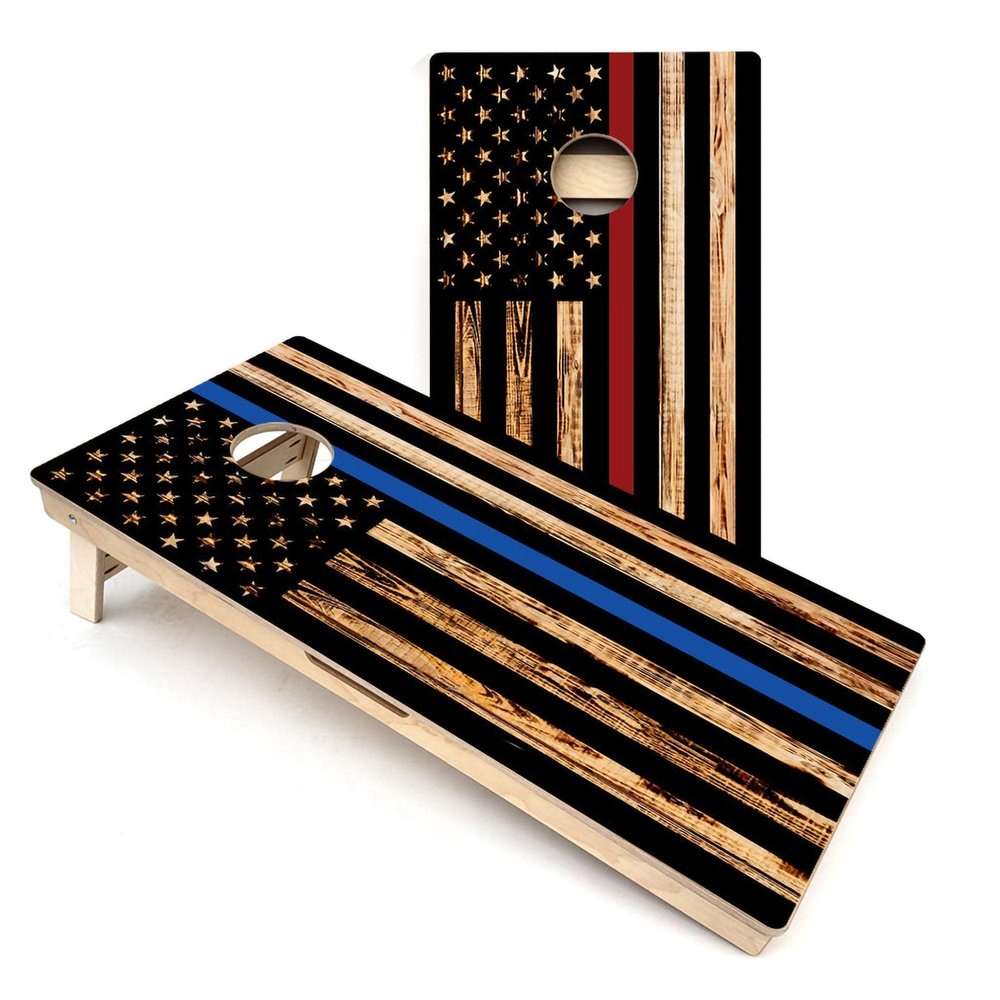 Skip's Garage Thin Blue & Red Line American Flag Cornhole Boards - Includes (2) Boards (NO Bags) + (1) Case & (2) Edge Lights
