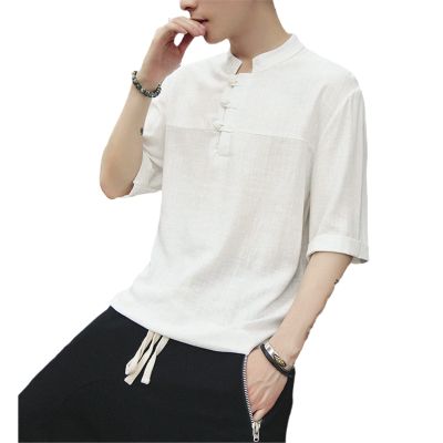 Chinese Style Men Suit Shirt Stand Collar Short Sleeve Solid Color Summer Tops Kung Fu Uniform Plus Size s1 S