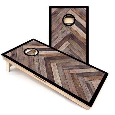 Skip's Garage Herringbone with Border Cornhole Boards - Includes (2) Boards (NO Bags) + (2) Board Hole Lights