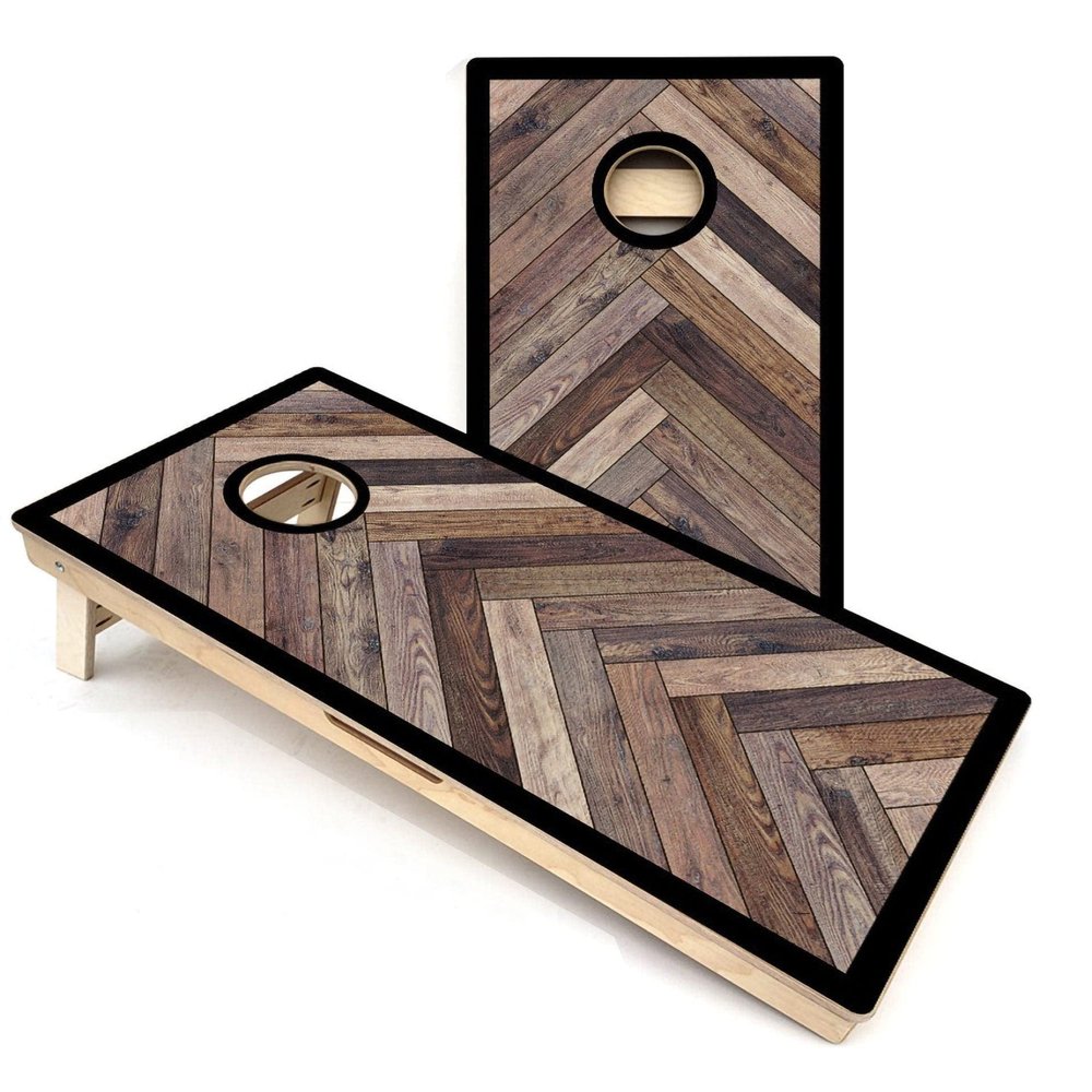 Skip's Garage Herringbone with Border Cornhole Boards - Includes (2) Boards (NO Bags) + (2) Board Hole Lights