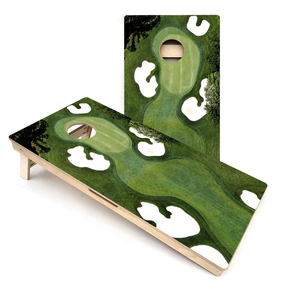 Skip's Garage Golf Course Themed Cornhole Boards - Includes (2) Boards (NO Bags) + (1) Black Carrying Case