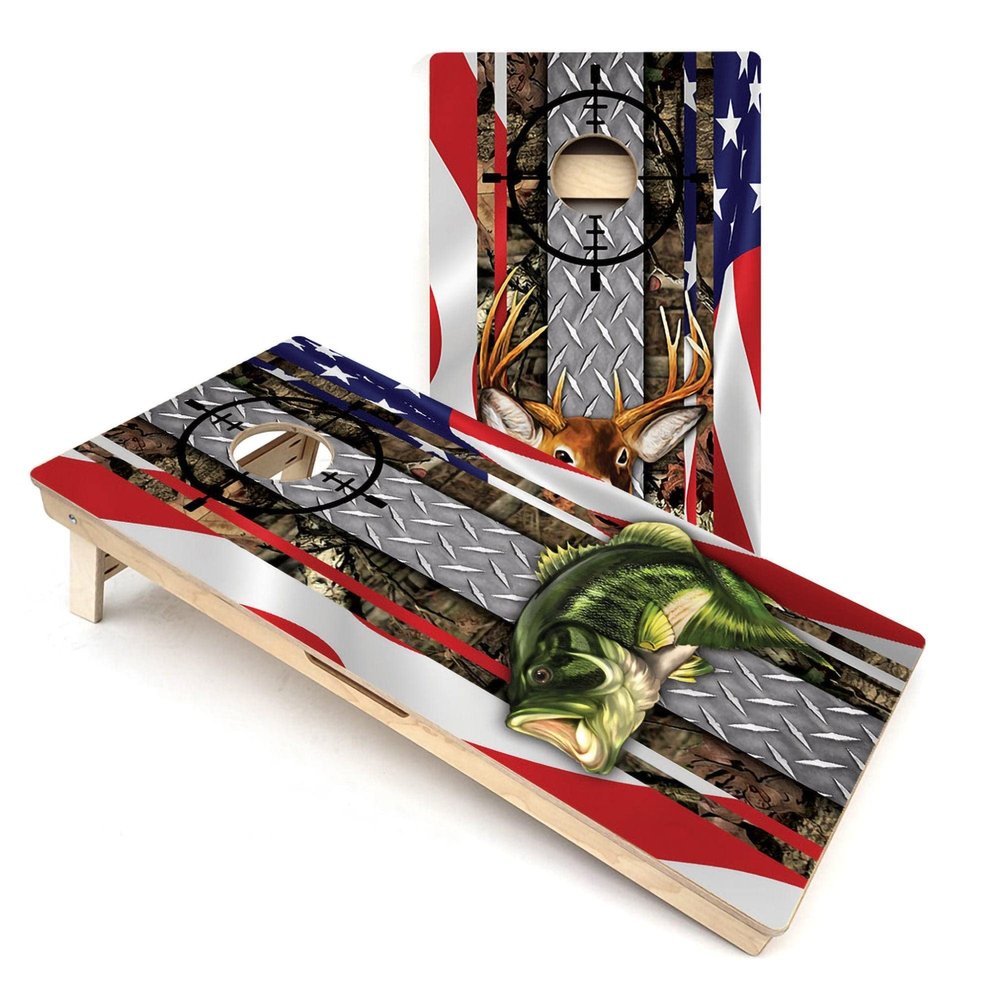 Scope Deer & Bass Cornhole Boards - Includes (2) Boards (NO Bags) + (2) Hole Lights & (2) Edge Lights