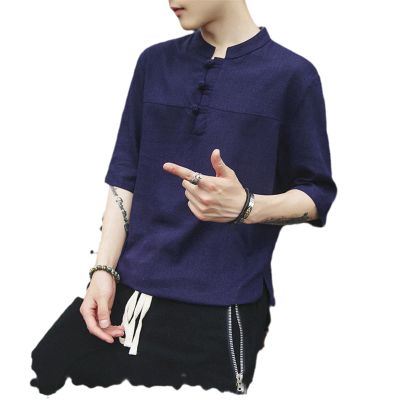Chinese Style Men Suit Shirt Stand Collar Short Sleeve Solid Color Summer Tops Kung Fu Uniform Plus Size s2 XXL