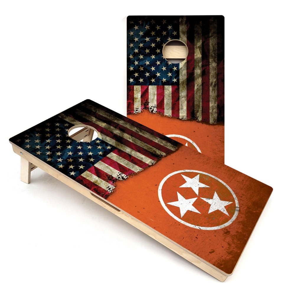 Skip's Garage Orange TN & USA Split Flag Cornhole Boards - Includes (2) Boards (NO Bags) + (2) Board Hole Lights