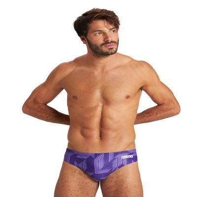 ARENA Mens Swim Brief Puzzled Team Print MaxLife Athletic Swimwear Professional Training Swimsuit Sports Bathing Suit, Black/Purple Multi, US Size 42