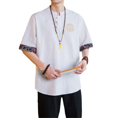Chinese Style Men Suit Shirt Stand Collar Short Sleeve Solid Color Summer Tops Kung Fu Uniform Plus Size s5 XS
