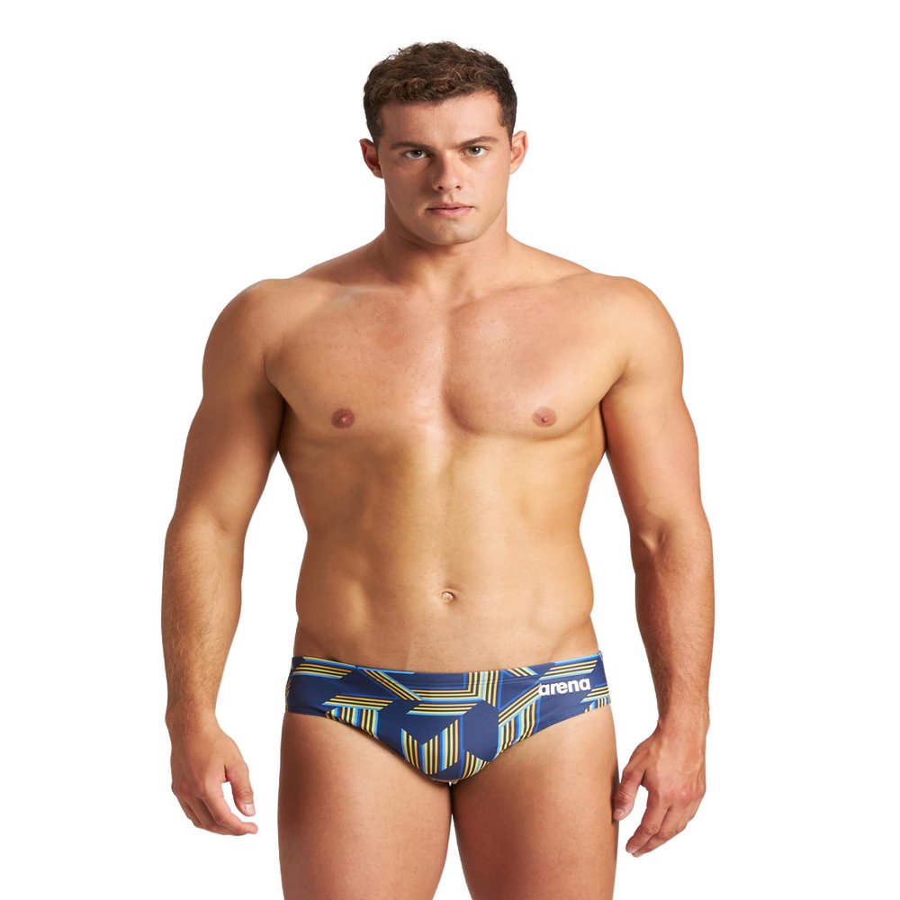 ARENA Men's Swim Brief Puzzled Team Print MaxLife Athletic Swimwear Professional Training Swimsuit Sports Bathing Suit, Navy/Yellow Star Multi, US Size 22
