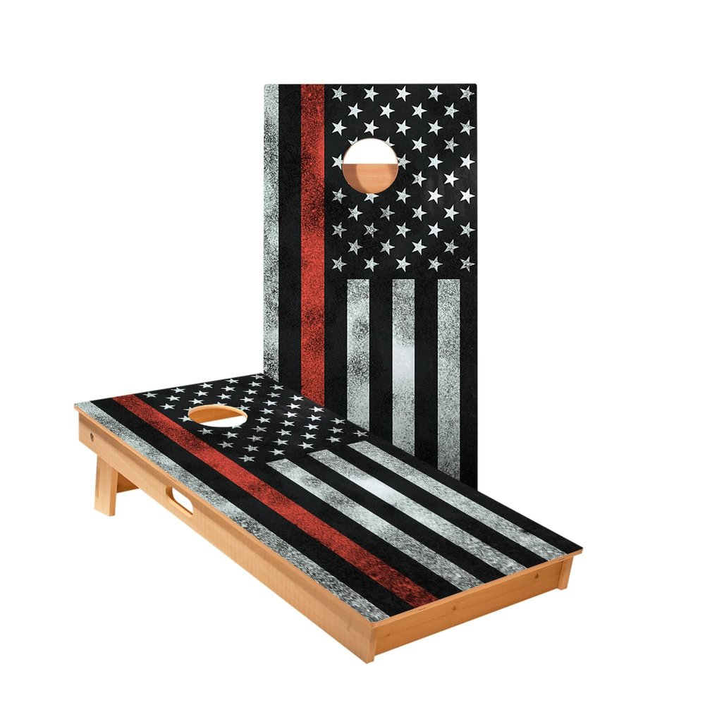 Skip's Garage Thin Red Line Cornhole Boards - Includes (2) Boards (NO Bags) + (1) Carry Case, (2) Hole Lights & (2) Edge Lights
