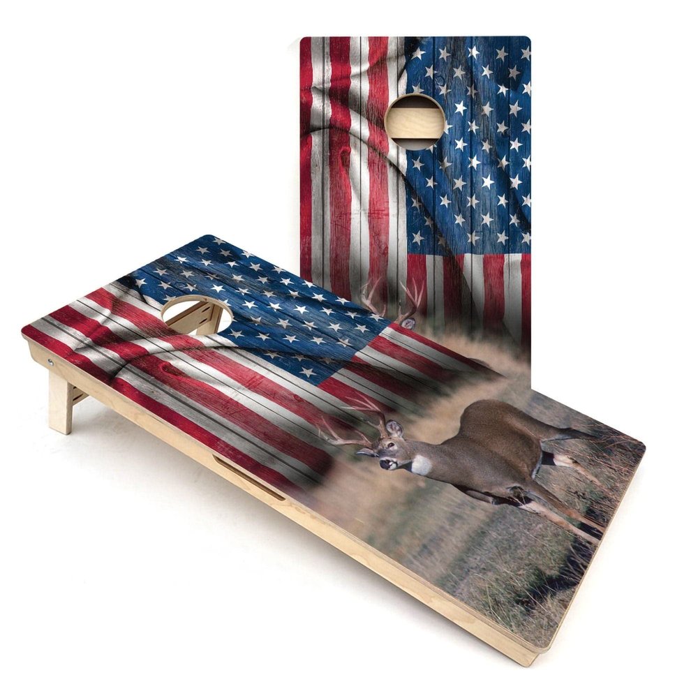 Skip's Garage Deer Field Flag Cornhole Boards - Includes (2) Boards (NO Bags) + (1) Case & (2) Edge Lights