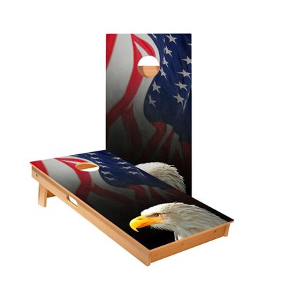 Skip's Garage Cloth American Flag with Eagle Cornhole Boards - Includes (2) Boards (NO Bags) + (1) Case & (2) Edge Lights