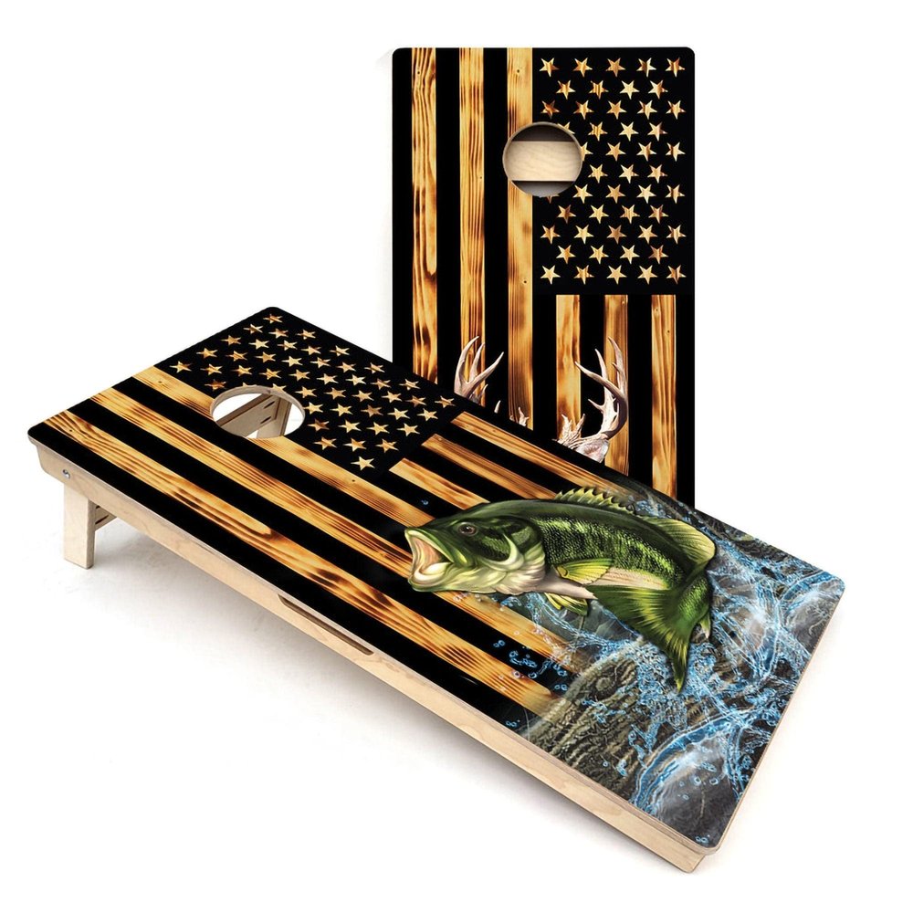 Skip's Garage Colorful Deer & Fish USA Cornhole Boards - Includes (2) Boards (NO Bags) + (1) Black Carrying Case