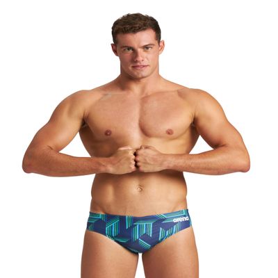 ARENA Mens Swim Brief Puzzled Team Print MaxLife Athletic Swimwear Professional Training Swimsuit Sports Bathing Suit, Navy/Soft Green Multi, US Size 40
