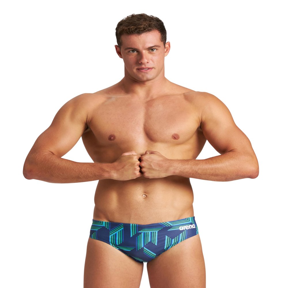 ARENA Mens Swim Brief Puzzled Team Print MaxLife Athletic Swimwear Professional Training Swimsuit Sports Bathing Suit, Navy/Soft Green Multi, US Size 40