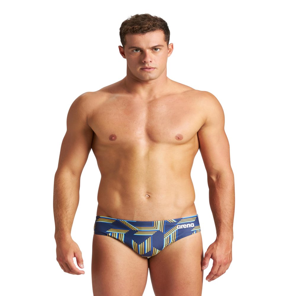 ARENA Mens Swim Brief Puzzled Team Print MaxLife Athletic Swimwear Professional Training Swimsuit Sports Bathing Suit, Navy/Yellow Star Multi, US Size 38