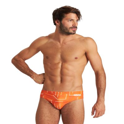 ARENA Men's Swim Brief Puzzled Team Print MaxLife Athletic Swimwear Professional Training Swimsuit Sports Bathing Suit, Black/Orange Multi, US Size 22