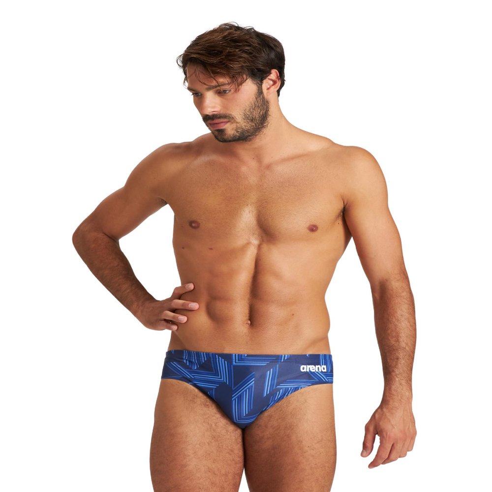 ARENA Men's Swim Brief Puzzled Team Print MaxLife Athletic Swimwear Professional Training Swimsuit Sports Bathing Suit, Navy/Navy Multi, US Size 24
