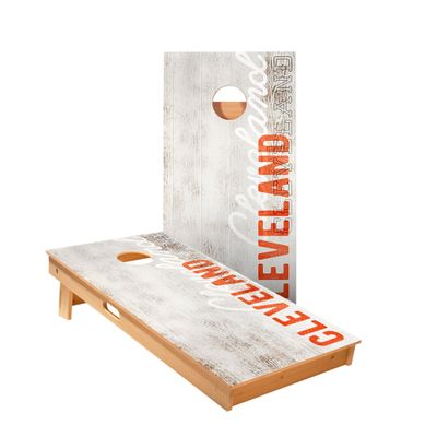 Skip's Garage Cleveland Vintage Gameday Cornhole Boards - Includes (2) Boards (NO Bags) + (1) Carry Case, (2) Hole Lights & (2) Edge Lights
