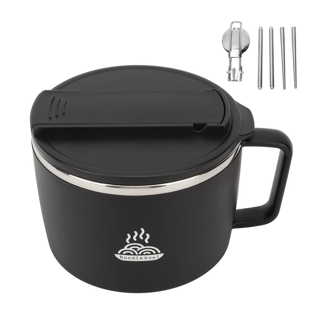 AYNEFY Stainless Steel Noodles Bowl,1200ml Portable Round Ramen Cooker Bowl with Chopsticks and Spork for Outdoor Dormitory Office Work Travel Picnic (Black)
