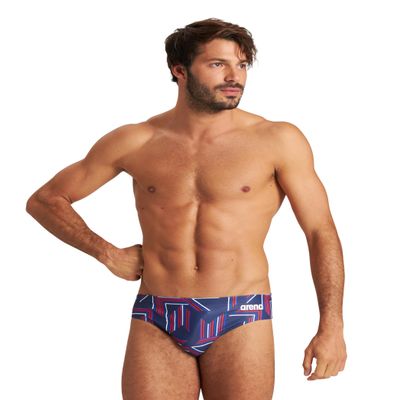ARENA Mens Swim Brief Puzzled Team Print MaxLife Athletic Swimwear Professional Training Swimsuit Sports Bathing Suit, Navy/Red Multi, US Size 40